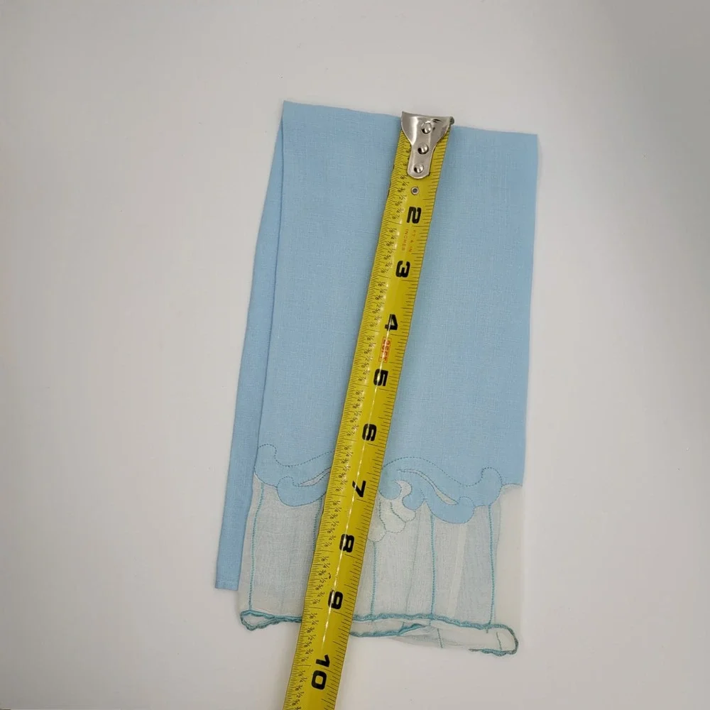 Vintage Light Blue Linen Guest Towel Scalloped Sheer‎ Organza Trim Embroidered